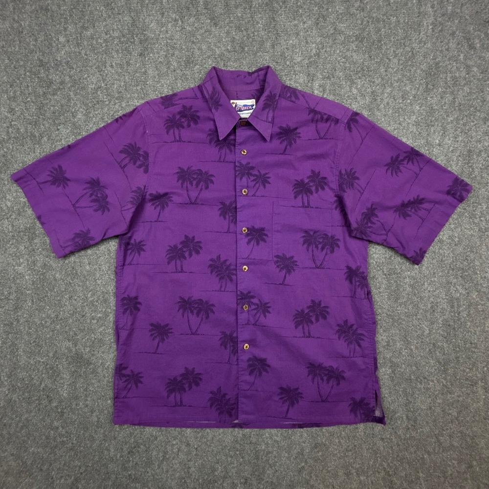 VTG Reyn‎ Spooner Hawaiian Shirt Mens M Purple Palm Tree Print Cotton Aloha 2865